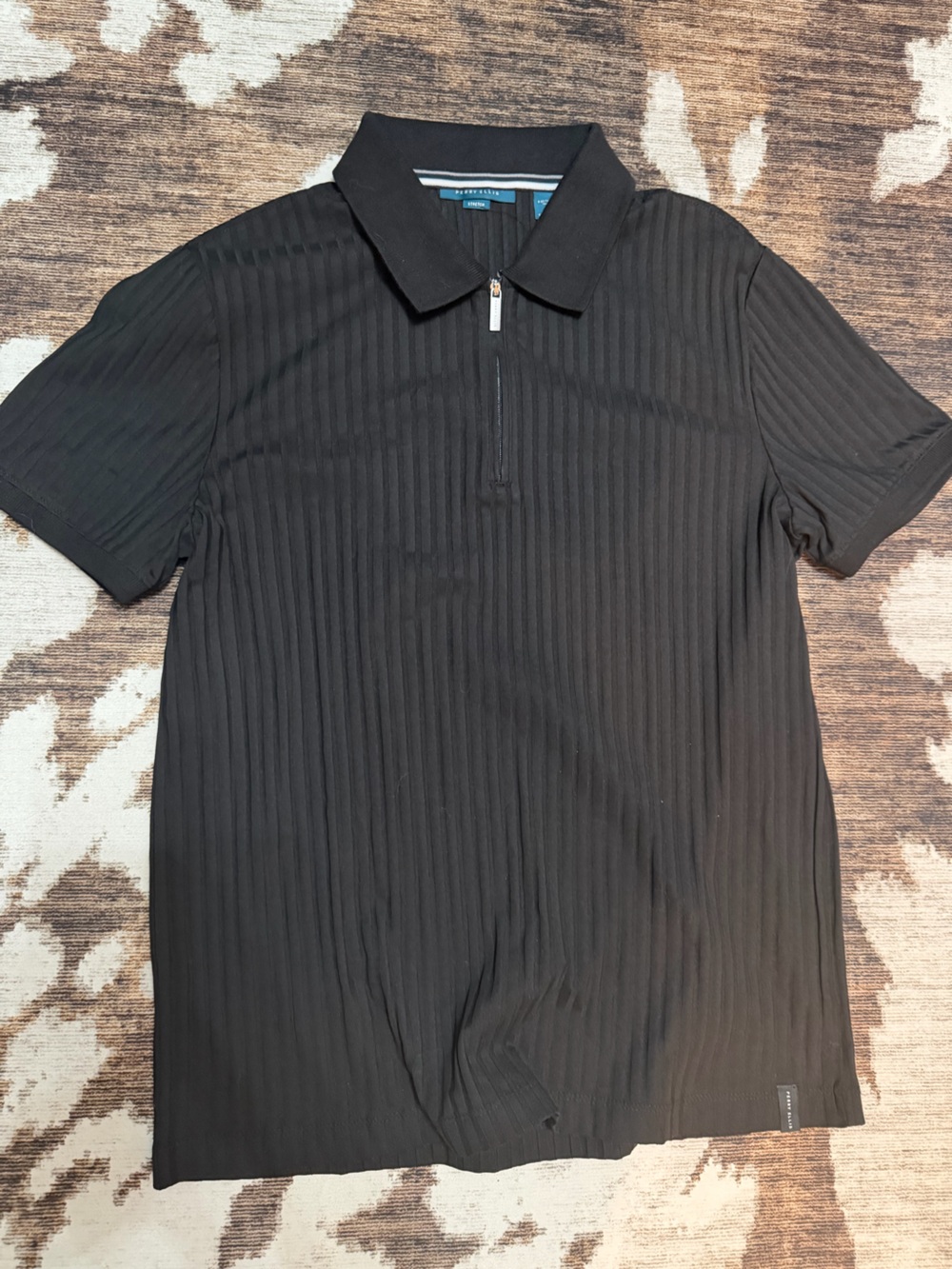 Perry Ellis Black Short-Sleeve Ribbed Polo with Quarter Zip